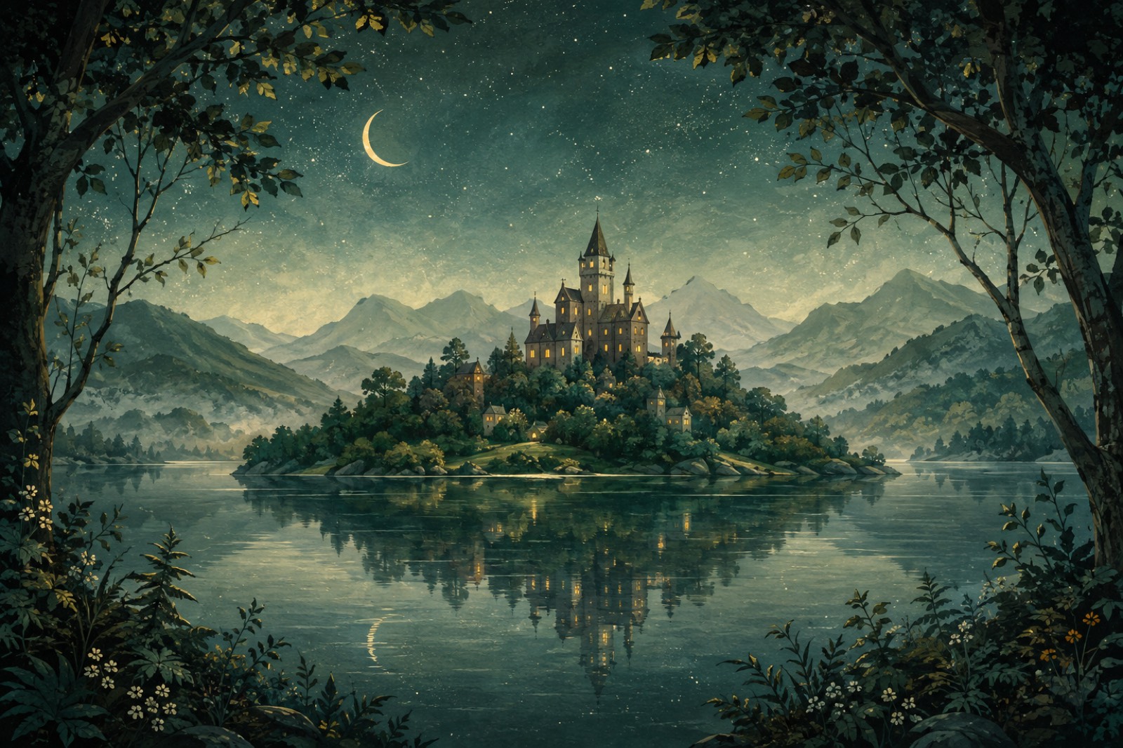 A castle on a lake, painted in the storybook style the app uses
