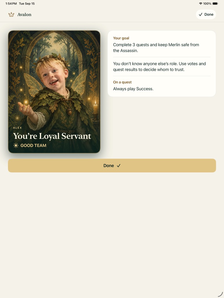 The card turned over, showing a family portrait and the role