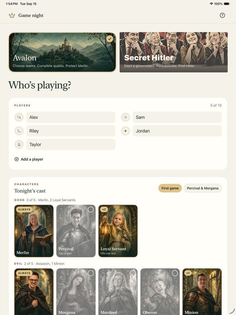 The setup screen with the family cast